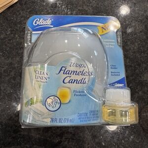 2007 Rare Glade Wisp Flameless Candle Clean Linen Scent Glass Holder NEW!! Nos